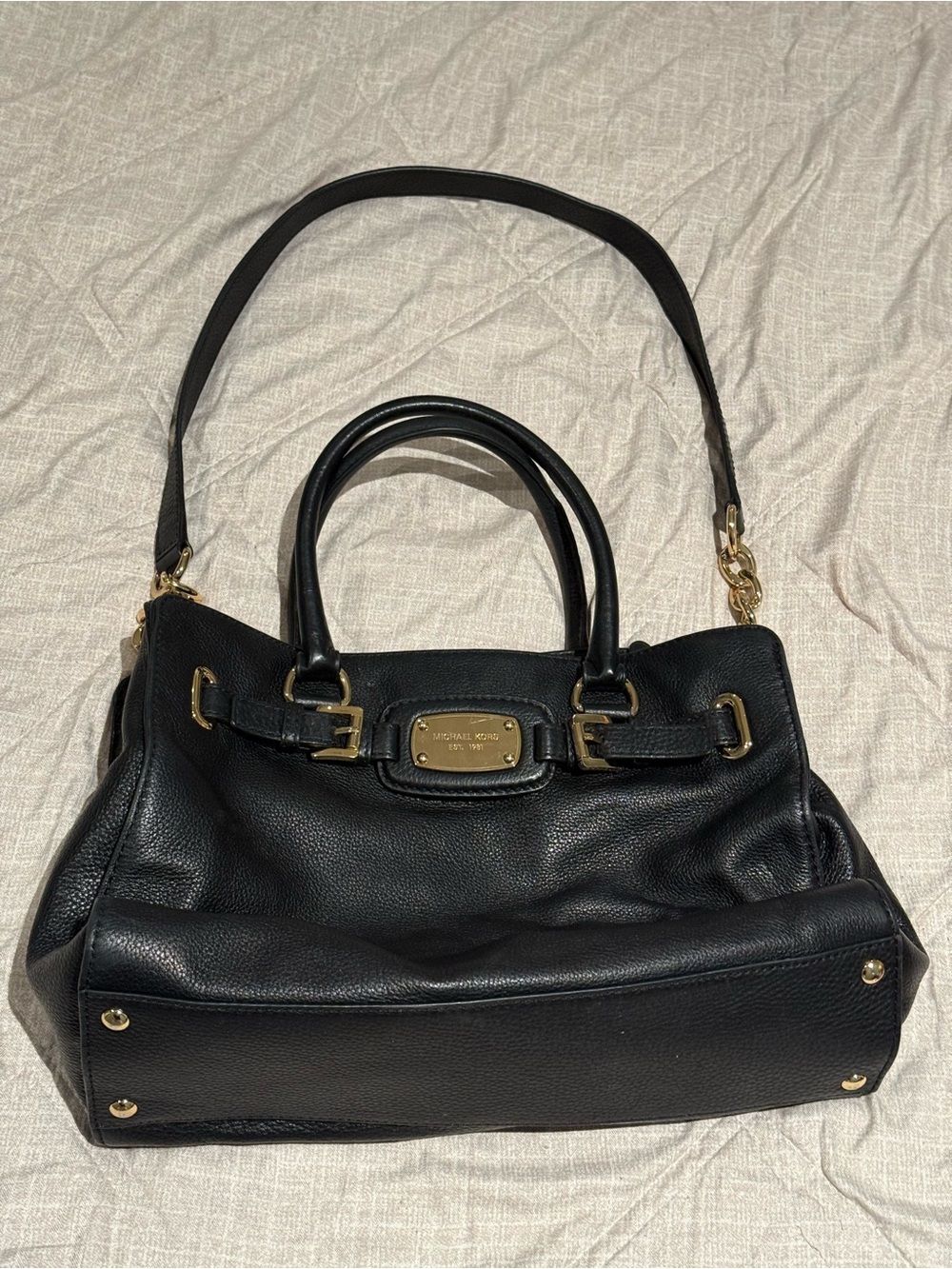 Michael Kors Black Leather Large Shoulder Satchel with Gold Accents